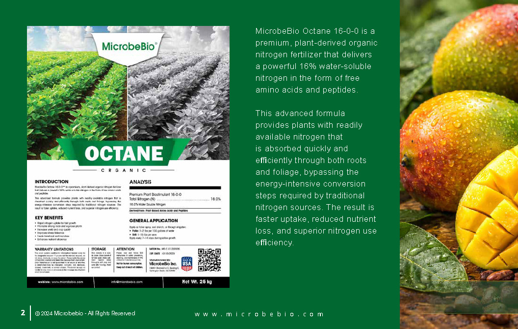 MicrobeBio Octane 16-0-0 is a premium, plant-derived organic nitrogen fertilizer that delivers a powerful 16% water-soluble nitrogen in the form of free amino acids and peptides. This advanced formula provides plants with readily available nitrogen that is absorbed quickly and efficiently through both roots and foliage, bypassing the energy-intensive conversion steps required by traditional nitrogen sources. The result is faster uptake, reduced nutrient loss, and superior nitrogen use efficiency.