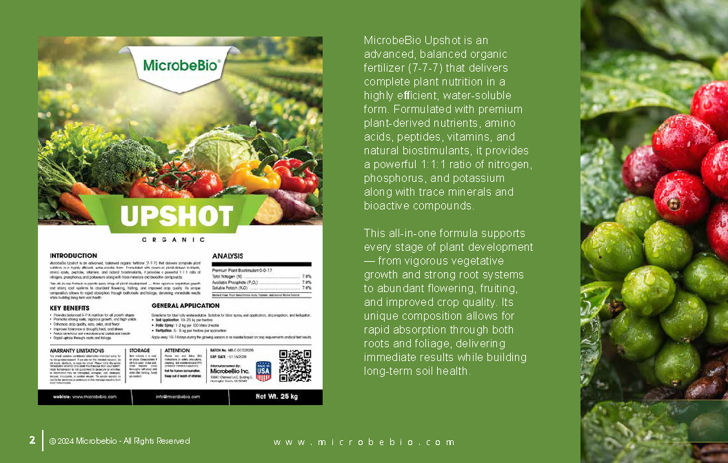 MicrobeBio Upshot is an advanced, balanced organic fertilizer (7-7-7) that delivers complete plant nutrition in a highly efficient, water-soluble form. Formulated with premium plant-derived nutrients, amino acids, peptides, vitamins, and natural biostimulants, it provides a powerful 1:1:1 ratio of nitrogen, phosphorus, and potassium along with trace minerals and bioactive compounds. This all-in-one formula supports every stage of plant development from vigorous vegetative growth and strong root systems to abundant flowering, fruiting, and improved crop quality. Its unique composition allows for rapid absorption through both roots and foliage, delivering immediate results while building long-term soil health. Balanced Nutrition for All Growth Stages — Supplies equal parts of nitrogen for lush green growth, phosphorus for strong roots and energy transfer, and potassium for disease resistance, fruit development, and overall plant hardiness. Rapid Uptake and High Efficiency — Contains free amino acids and peptides that plants can absorb quickly, reducing nutrient loss and improving fertilizer use efficiency compared to traditional sources. Promotes Explosive Growth & Vigor — Stimulates robust shoot and root development, leading to healthier, more resilient plants with faster establishment and higher productivity. Enhances Yield and Crop Quality — Increases fruit set, size, color, flavor, and nutritional value while supporting uniform ripening and better harvest quality. Boosts Stress Tolerance — Helps plants withstand environmental stresses such as drought, heat, cold, salinity, and transplant shock through improved physiological resilience. Feeds Beneficial Soil Microbes — Acts as a powerful biostimulant that activates and nourishes the soil microbiome, enhancing nutrient cycling, organic matter content, and long-term soil fertility. Improves Nutrient Availability — Naturally chelates and unlocks bound nutrients in the soil, promoting better overall uptake of macro- and micronutrients. Low Salt Index & Gentle on Plants — Minimizes the risk of fertilizer burn while being safe for use in both conventional and organic production systems. MICROBEBIO UPSHOT is fully water-soluble and versatile — ideal for broadcast application, foliar sprays, drip irrigation, fertigation, or hydroponics. It performs exceptionally well on vegetables, fruits, row crops, turfgrass, flowers, and ornamentals.