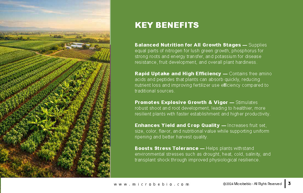 MicrobeBio Upshot is an advanced, balanced organic fertilizer (7-7-7) that delivers complete plant nutrition in a highly efficient, water-soluble form. Formulated with premium plant-derived nutrients, amino acids, peptides, vitamins, and natural biostimulants, it provides a powerful 1:1:1 ratio of nitrogen, phosphorus, and potassium along with trace minerals and bioactive compounds. This all-in-one formula supports every stage of plant development from vigorous vegetative growth and strong root systems to abundant flowering, fruiting, and improved crop quality. Its unique composition allows for rapid absorption through both roots and foliage, delivering immediate results while building long-term soil health. Balanced Nutrition for All Growth Stages — Supplies equal parts of nitrogen for lush green growth, phosphorus for strong roots and energy transfer, and potassium for disease resistance, fruit development, and overall plant hardiness. Rapid Uptake and High Efficiency — Contains free amino acids and peptides that plants can absorb quickly, reducing nutrient loss and improving fertilizer use efficiency compared to traditional sources. Promotes Explosive Growth & Vigor — Stimulates robust shoot and root development, leading to healthier, more resilient plants with faster establishment and higher productivity. Enhances Yield and Crop Quality — Increases fruit set, size, color, flavor, and nutritional value while supporting uniform ripening and better harvest quality. Boosts Stress Tolerance — Helps plants withstand environmental stresses such as drought, heat, cold, salinity, and transplant shock through improved physiological resilience. Feeds Beneficial Soil Microbes — Acts as a powerful biostimulant that activates and nourishes the soil microbiome, enhancing nutrient cycling, organic matter content, and long-term soil fertility. Improves Nutrient Availability — Naturally chelates and unlocks bound nutrients in the soil, promoting better overall uptake of macro- and micronutrients. Low Salt Index & Gentle on Plants — Minimizes the risk of fertilizer burn while being safe for use in both conventional and organic production systems. MICROBEBIO UPSHOT is fully water-soluble and versatile — ideal for broadcast application, foliar sprays, drip irrigation, fertigation, or hydroponics. It performs exceptionally well on vegetables, fruits, row crops, turfgrass, flowers, and ornamentals.