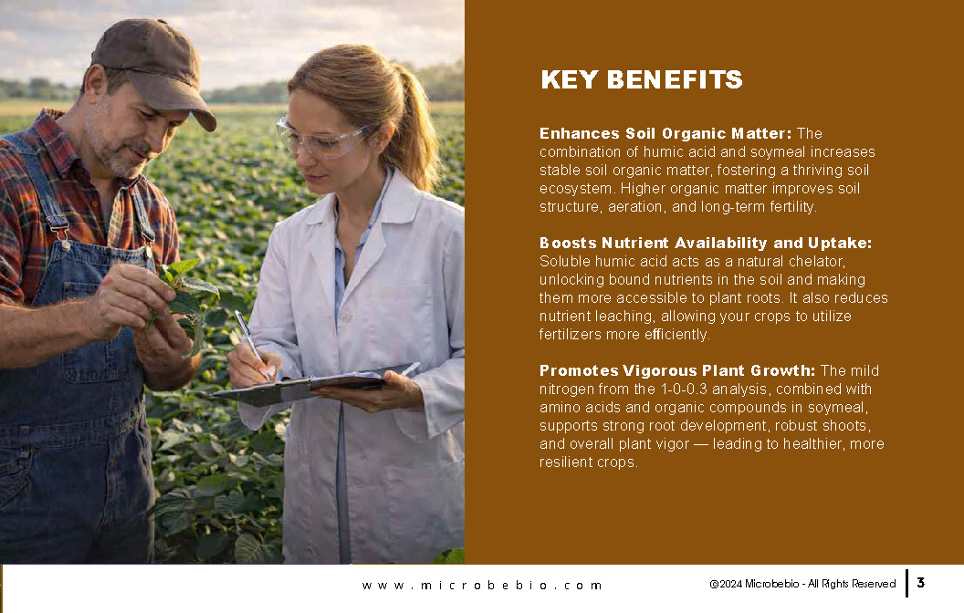 MicrobeBio Vigor Boost is a powerful, organic soil amendment and plant vigor enhancer formulated with water-soluble humic acid (1-0- 0.3 NPK) and premium soymeal. This unique blend delivers a gentle nitrogen boost while significantly improving soil health and plant performance.